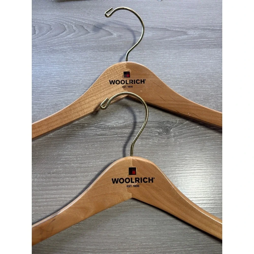 Woolrich Wooden Coat Hangers Set of 2 Natural Wood Gold Hook Logo EST 1830‎